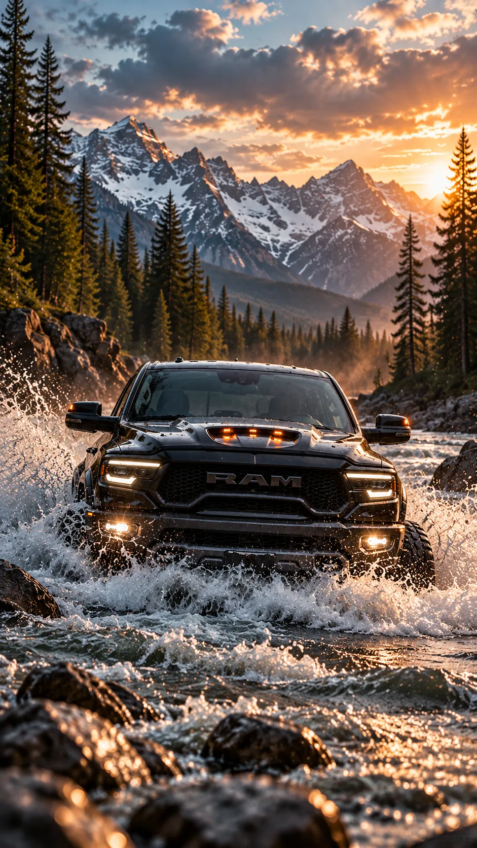 Black RAM crossing a mountain river